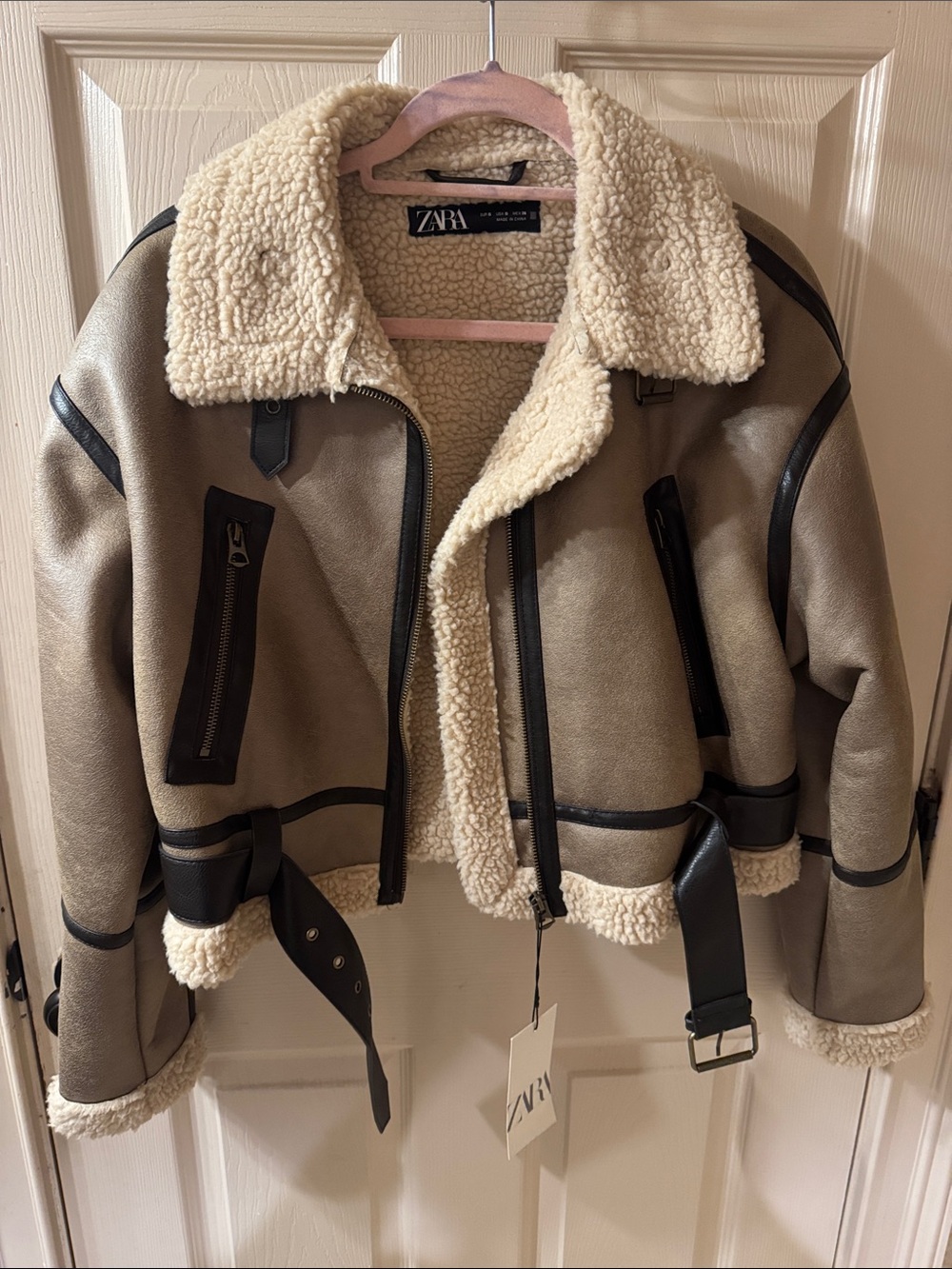 ZARA Taupe Faux-Shearling Aviator Jacket with Black Trim